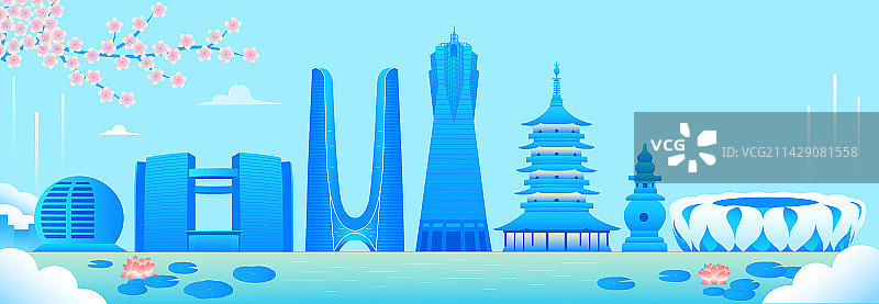杭州城市天际线矢量地标建筑插画，亚运会春天桃花盛开旅游立春春分谷雨惊蛰电商金融经济科技广告全球化图片素材