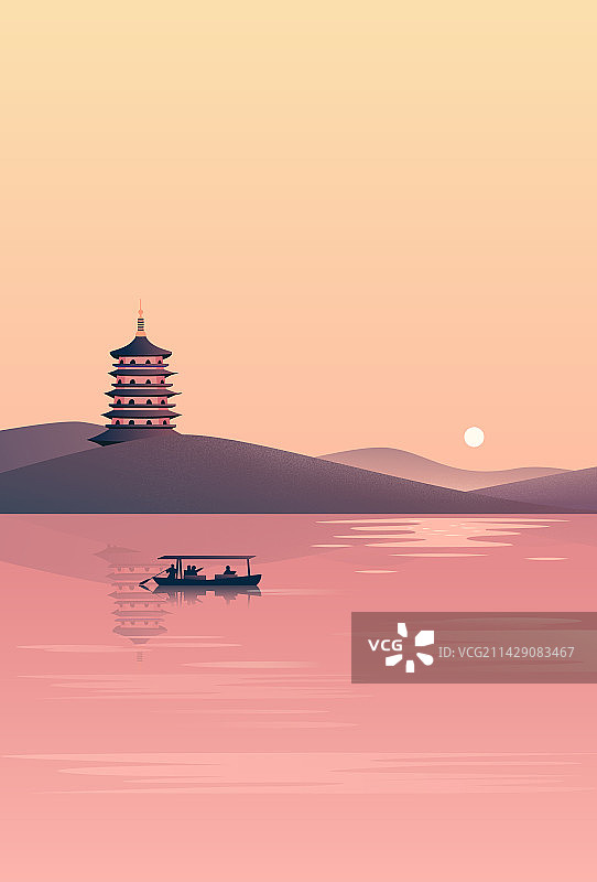 杭州西湖雷峰夕照插画竖版图片素材