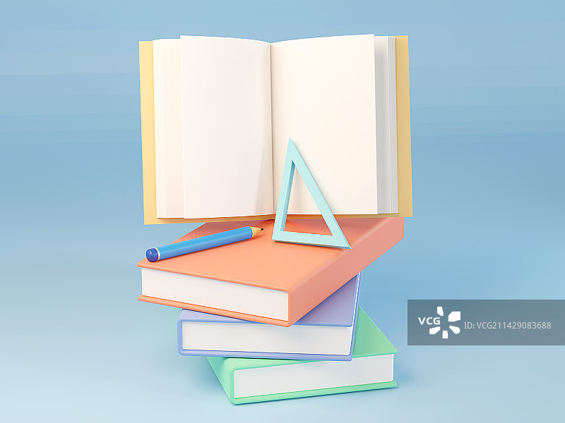堆叠的书本和尺子笔3D渲染图片素材