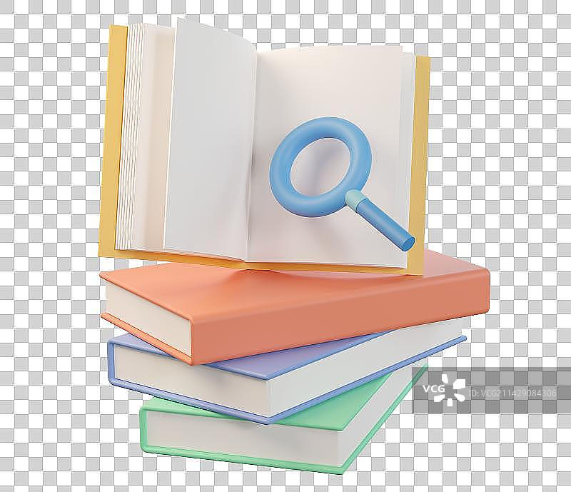 堆叠的书本和放大镜3D渲染图片素材