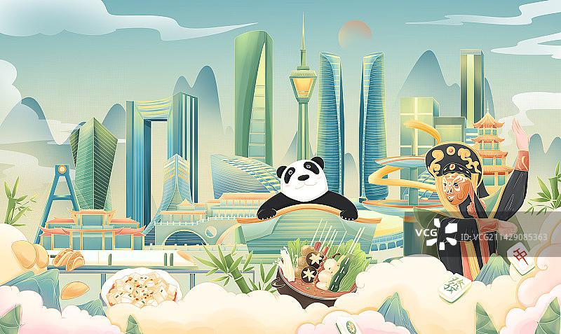 四川成都城市国潮熊猫风景图插画图片素材