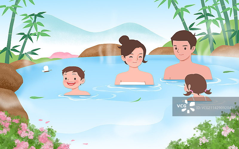 一家人泡温泉图片素材
