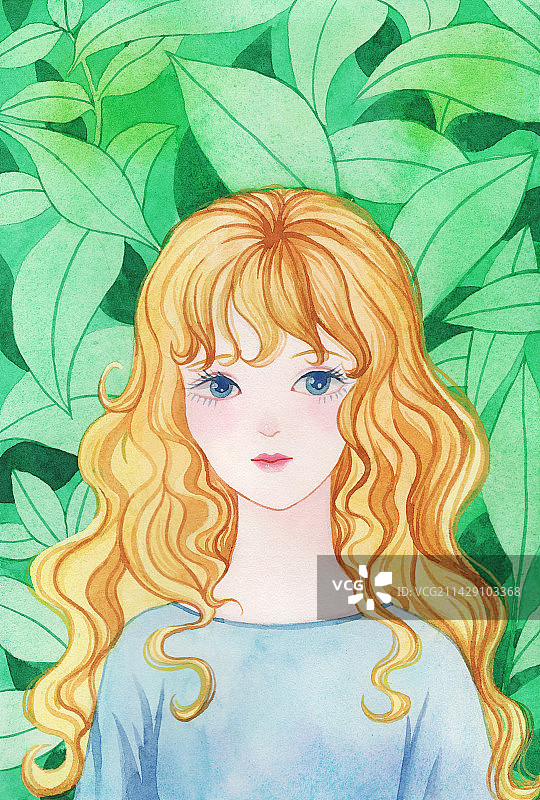 绿叶丛中的金发女孩图片素材