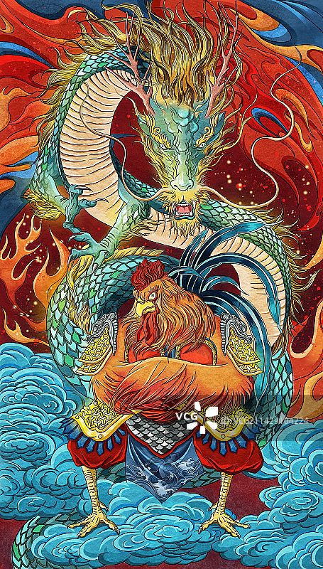 飞龙雄鸡神兽国潮插画图片素材