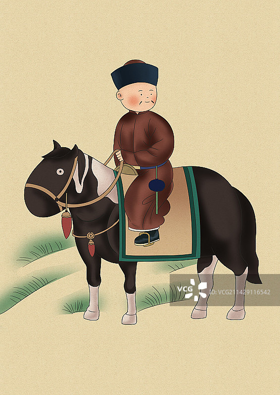 中国风新中式古风古典Q版卡通古代皇朝王朝帝王皇帝清朝乾隆骑马创意插画图片素材