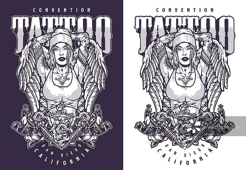 天使女孩单色宣传单纹身图片素材