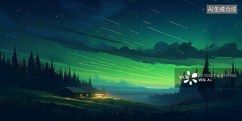 【AI数字艺术】极光夜空中的田野风景插画图片素材