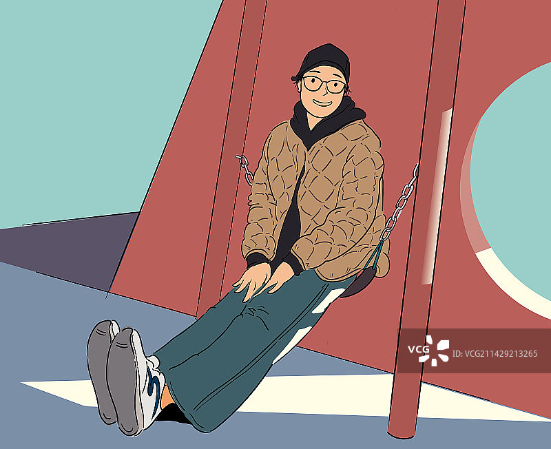 坐秋千的女子和阳光简约线稿插画图片素材