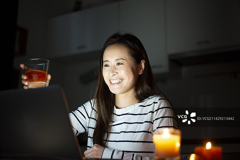 女人使用电脑远程饮用图片素材