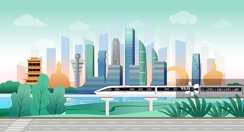 中国福建厦门市商务科技城市彩色插画图片素材