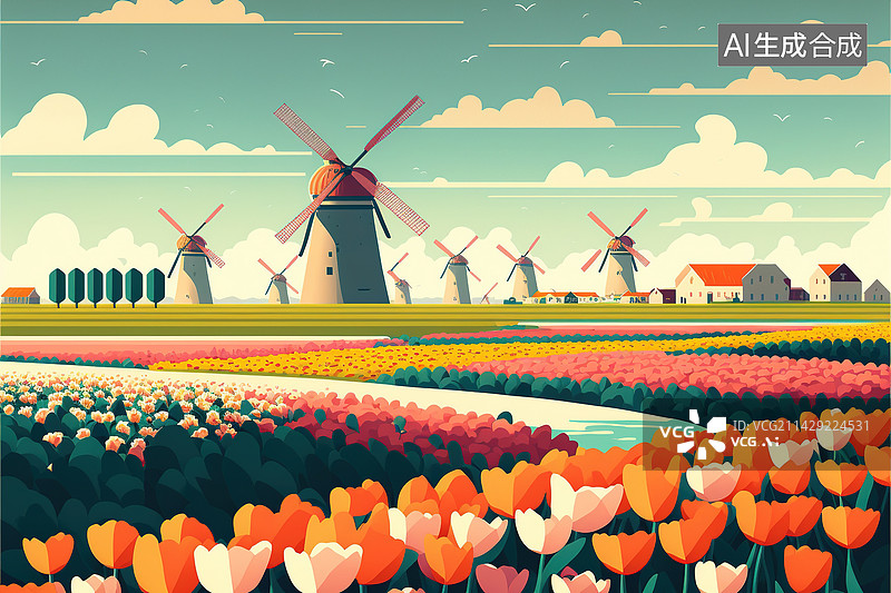 【AI数字艺术】春天里的风车下郁金香花田插画图片素材