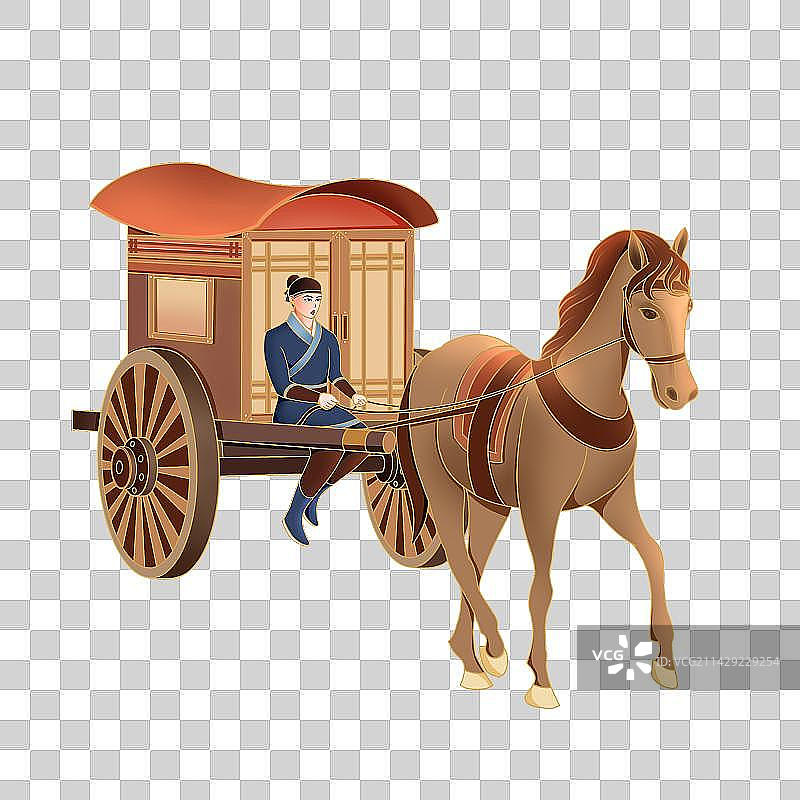 手绘国潮风中国风古人驾驶马车前进图片素材