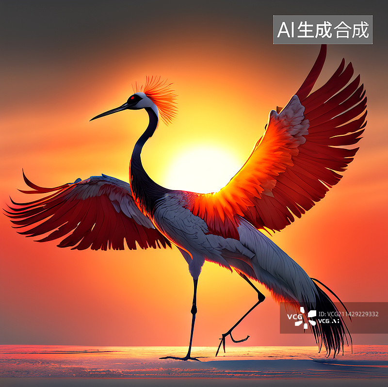 【AI数字艺术】夕阳下展翅的苍鹭图片素材