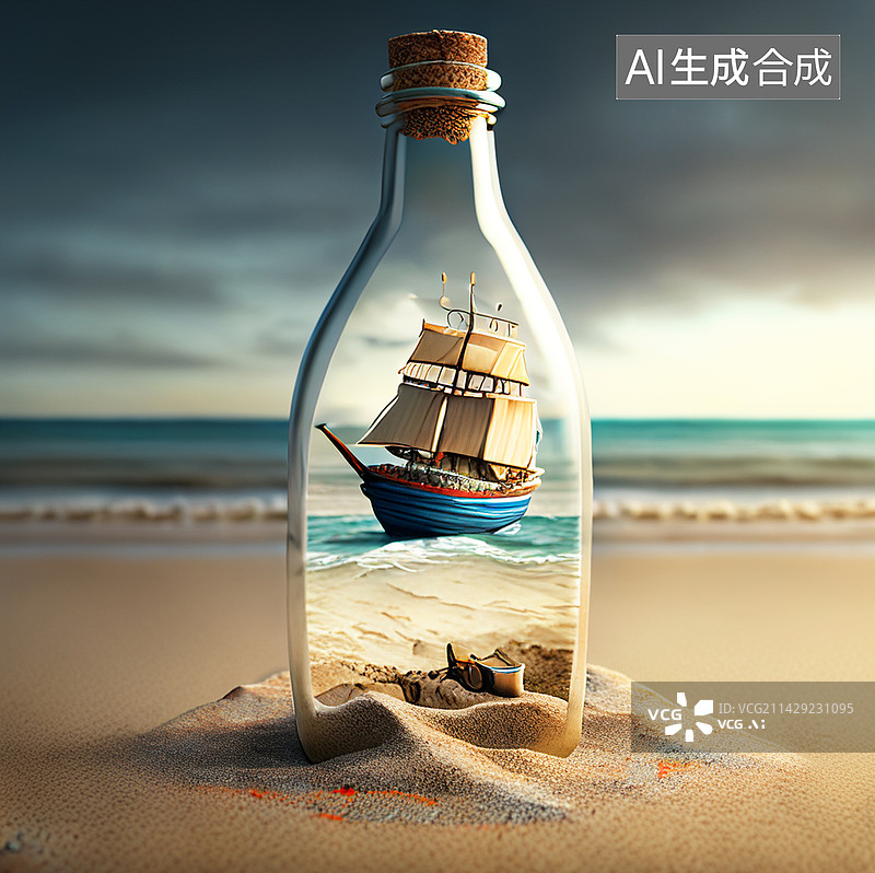 【AI数字艺术】漂流瓶中航行的帆船图片素材
