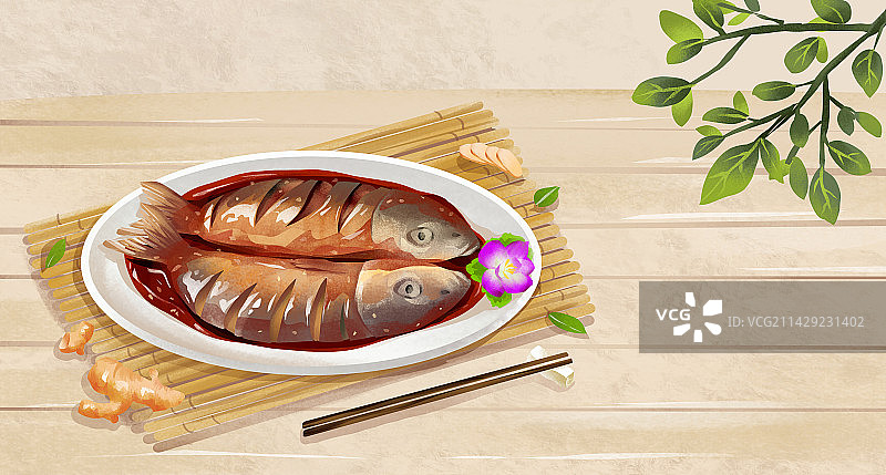 杭州特色美食之西湖醋鱼插画图片素材