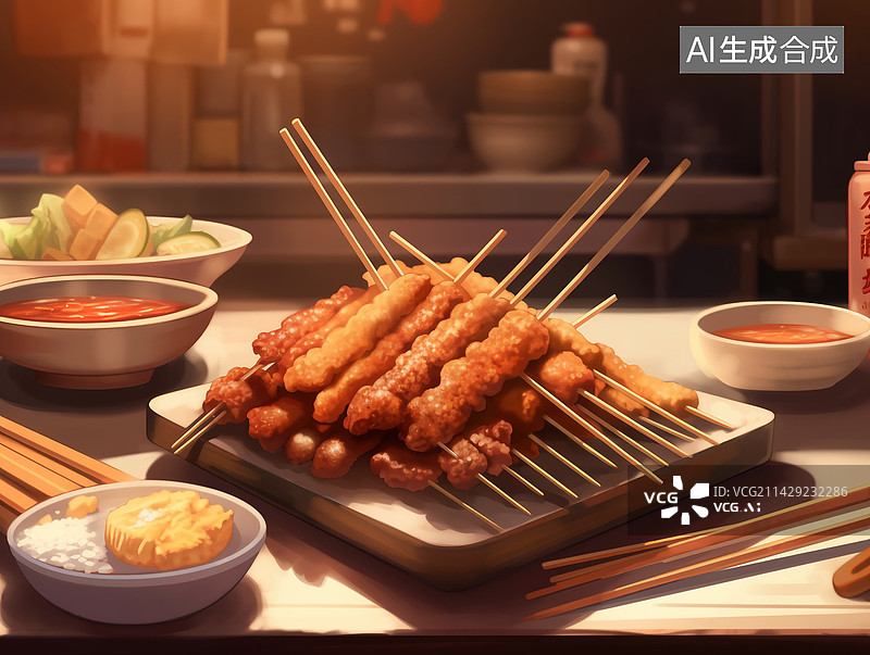 【AI数字艺术】地摊经济夜市街烤串炸串特色美食水彩风插画图片素材