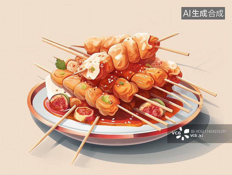 【AI数字艺术】地摊经济夜市街烤串炸串特色美食水彩风插画图片素材