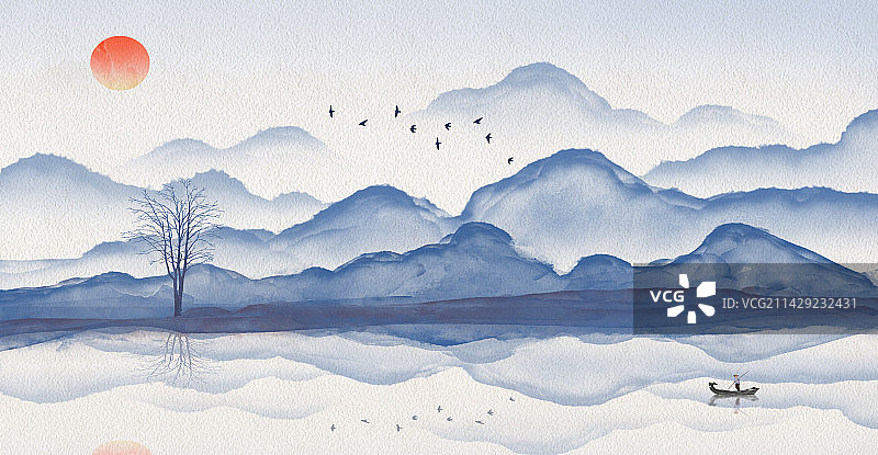 中国风蓝色意境水墨山水画图片素材