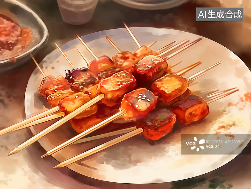 【AI数字艺术】中国特色小吃美食炸串烤串爆汁美味食材水彩插画图片素材
