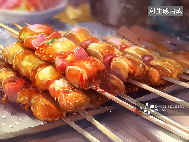 【AI数字艺术】中国特色小吃美食炸串烤串爆汁美味食材水彩插画图片素材
