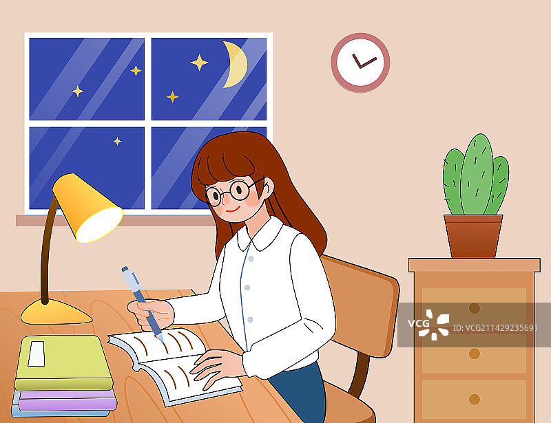 晚上在房间里学习的女孩可爱卡通插画图片素材