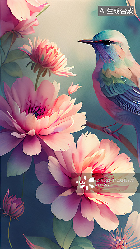 【AI数字艺术】花枝上栖息的鸟图片素材