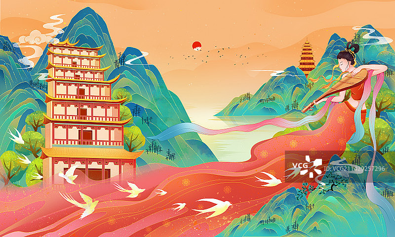 敦煌飞天 敦煌莫高窟 国风 国潮创意插画图片素材