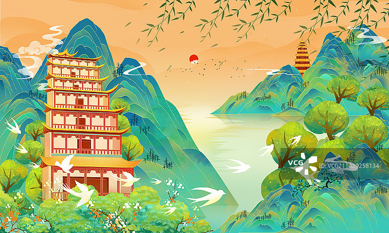 甘肃敦煌莫高窟建筑 绿色山水国潮风插画图片素材