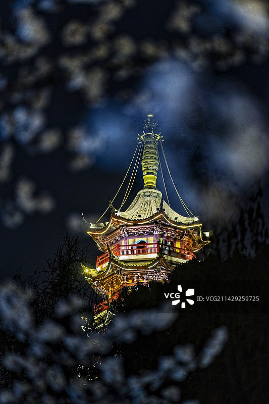 夜樱掩映下的鸡鸣寺药师塔图片素材