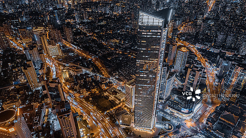 航拍上海静安区CBD夜景图片素材