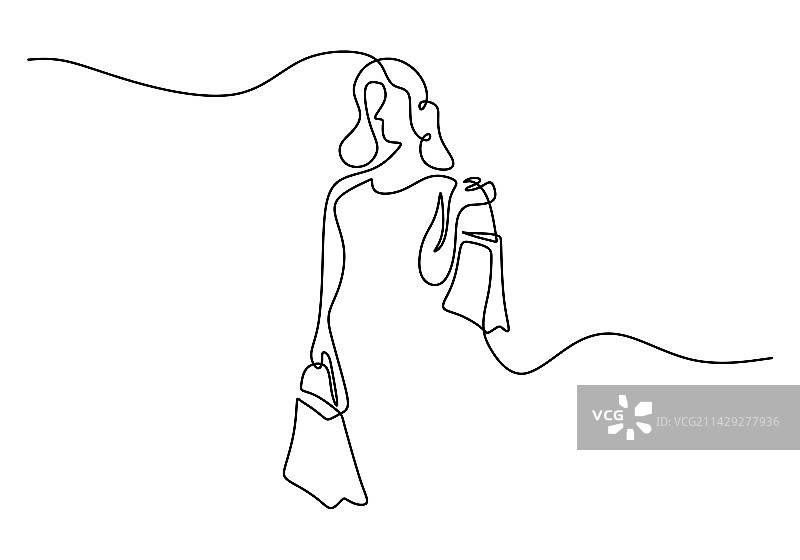 购物女孩的连续单线条画图片素材