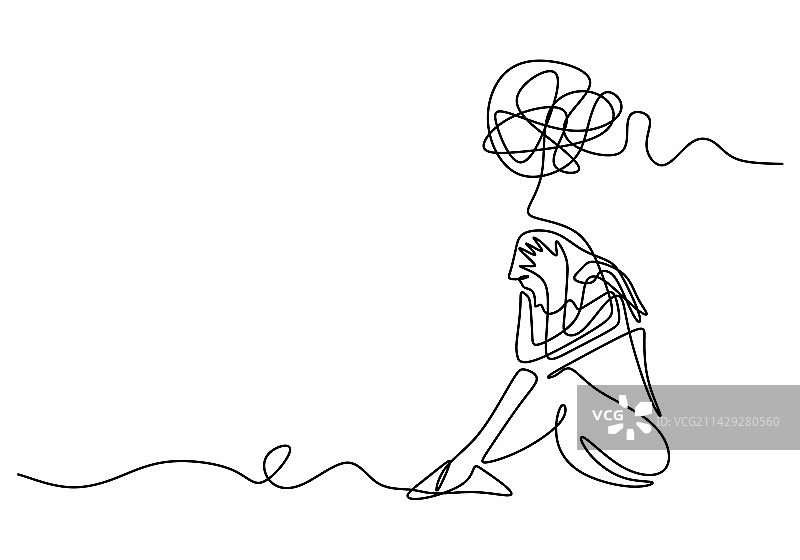坐着的悲伤女人连续单线画图片素材