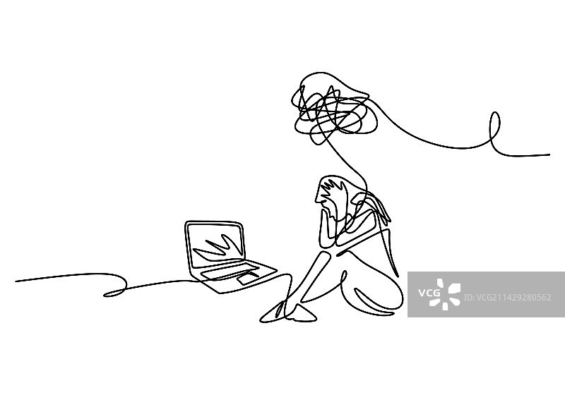 坐着的悲伤女人连续单线画图片素材