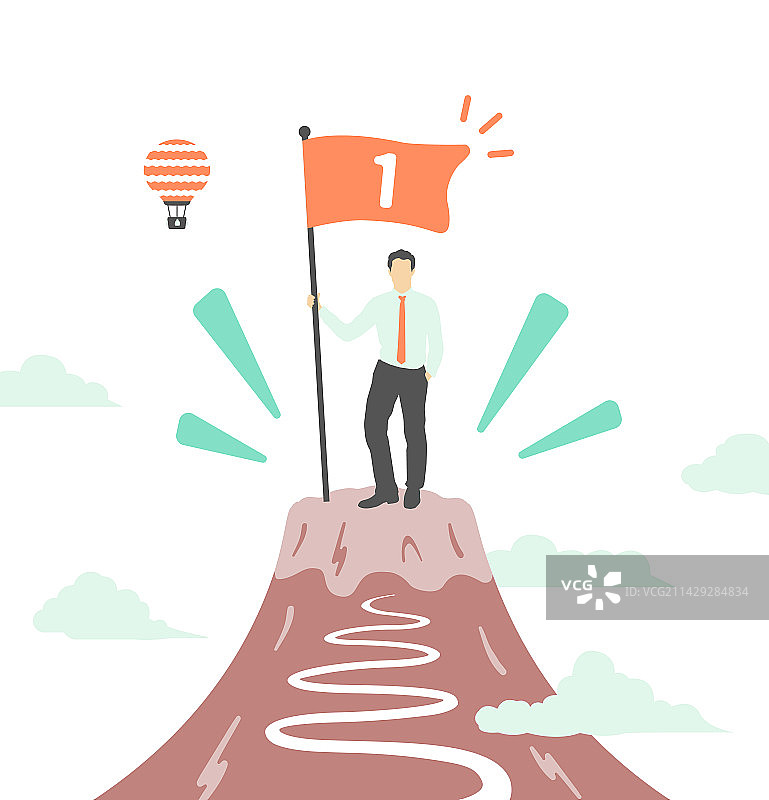 商人手持旗帜站在山顶图片素材