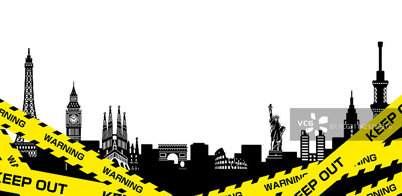 黄黑警示胶带与城市景观图片素材