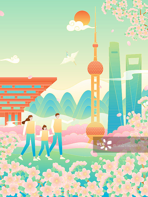 五一家人亲子游览上海城市特色建筑矢量插画图片素材