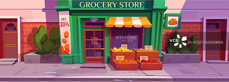 清晨城市街道上的食品杂货店店面图片素材