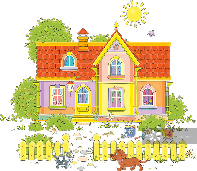 有趣的猫和狗在漂亮的房子周围散步图片素材