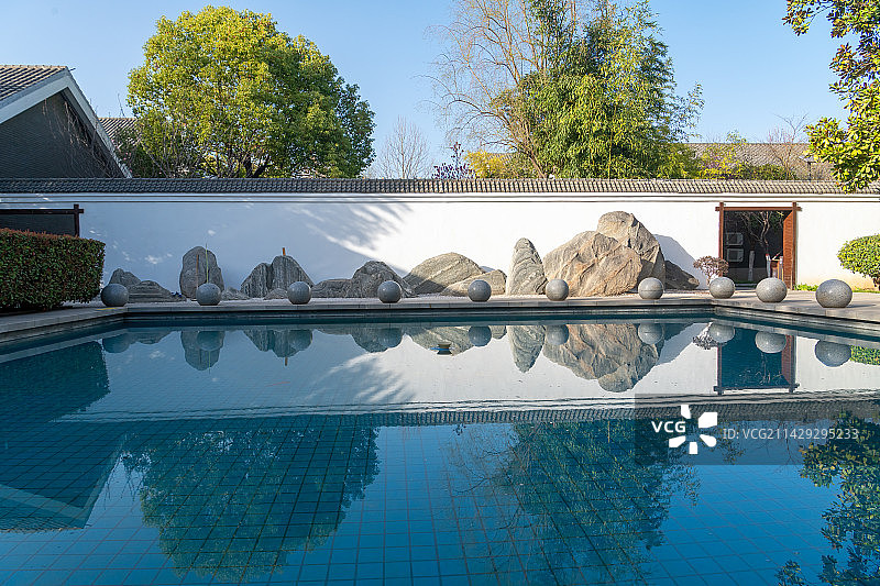 中式建筑 庭院 春天 园林 山水图片素材