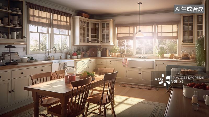 【AI数字艺术】温馨厨房样板间设计图片素材