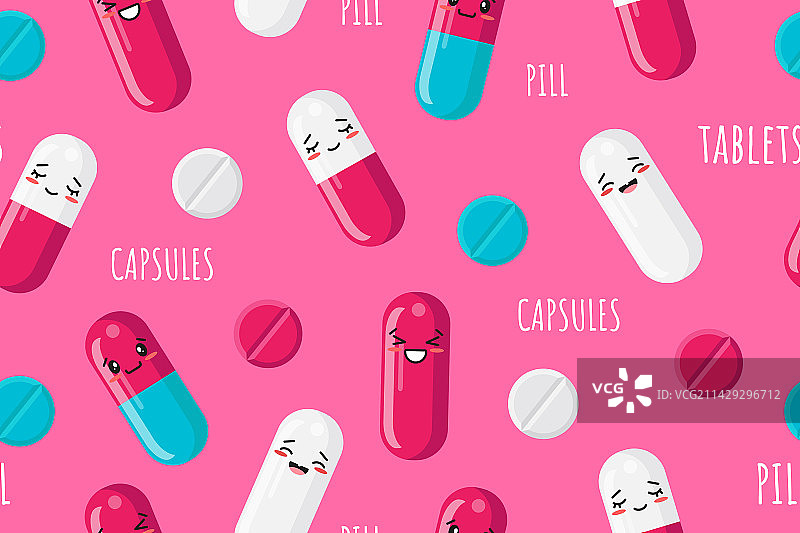 有趣的药丸与可爱面孔的无缝图案图片素材