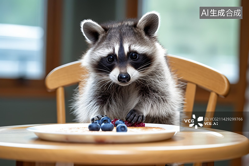 【AI数字艺术】桌子上的小浣熊吃蓝莓图片素材