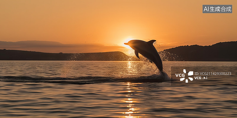 【AI数字艺术】日落时在海上跃出的海豚图片素材
