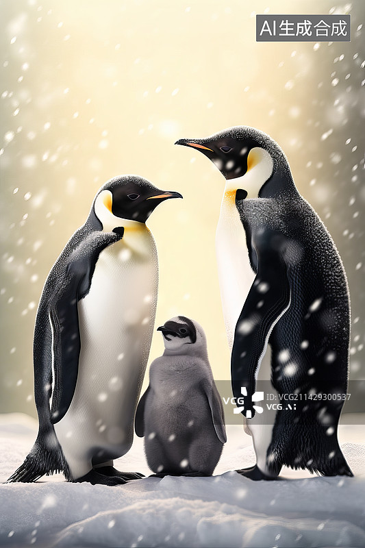 【AI数字艺术】风雪中企鹅一家温馨场面图片素材
