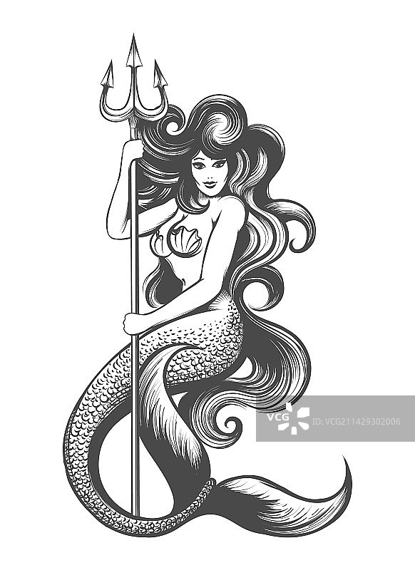 美丽的美人鱼与三叉戟单色纹身图片素材