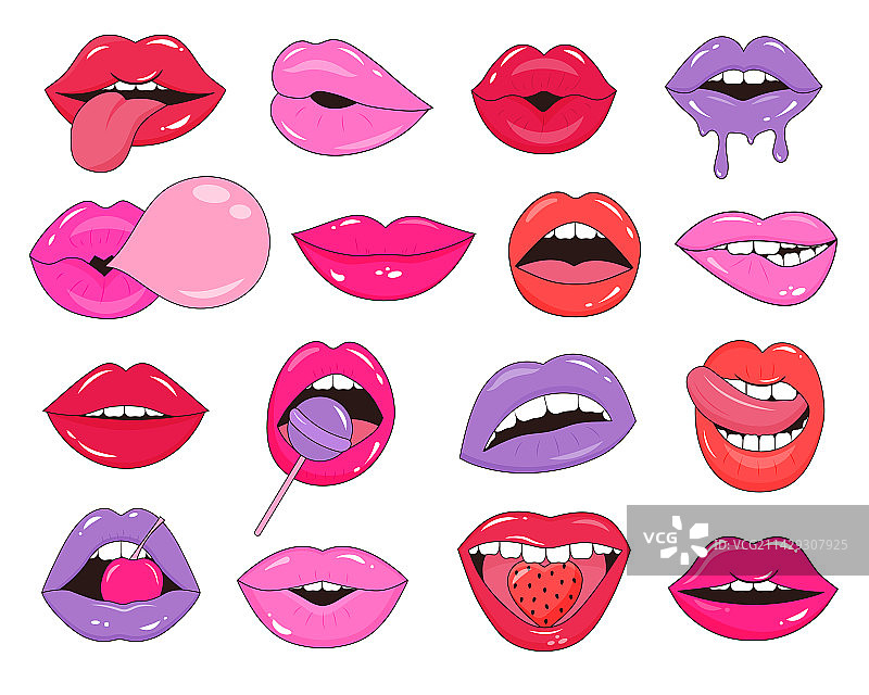 女性嘴唇波普艺术贴纸套装图片素材