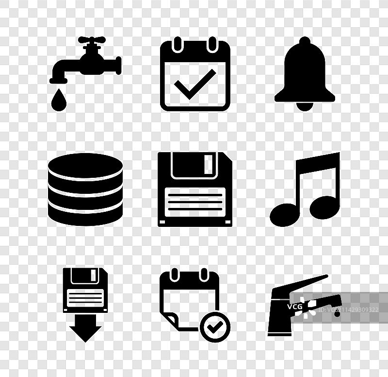 带勾选标记和响铃的日历水龙头套装图片素材