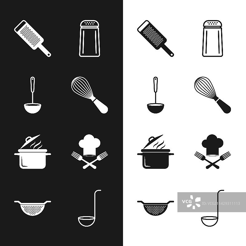 厨房用具套装：打蛋器、长柄勺、擦丝器、盐和胡椒罐图片素材