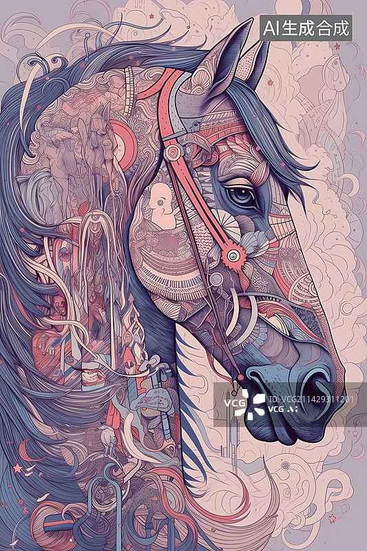 【AI数字艺术】十二生肖中带花纹的骏马图片素材