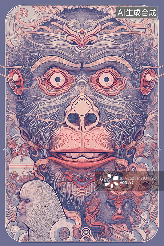 【AI数字艺术】十二生肖中带花纹的猴头图片素材